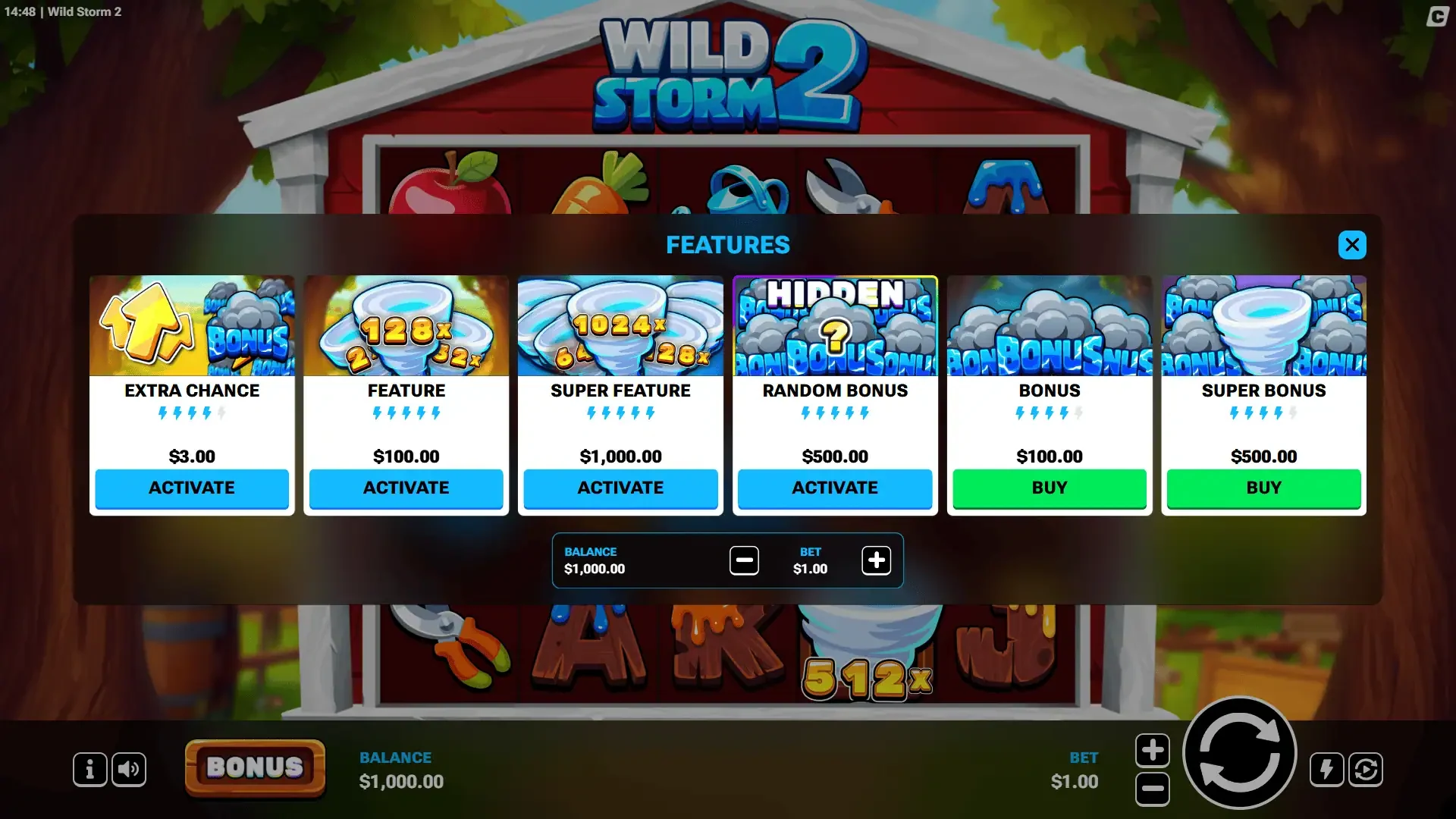Wild Storm 2 menu with six paid modes and their stake multipliers