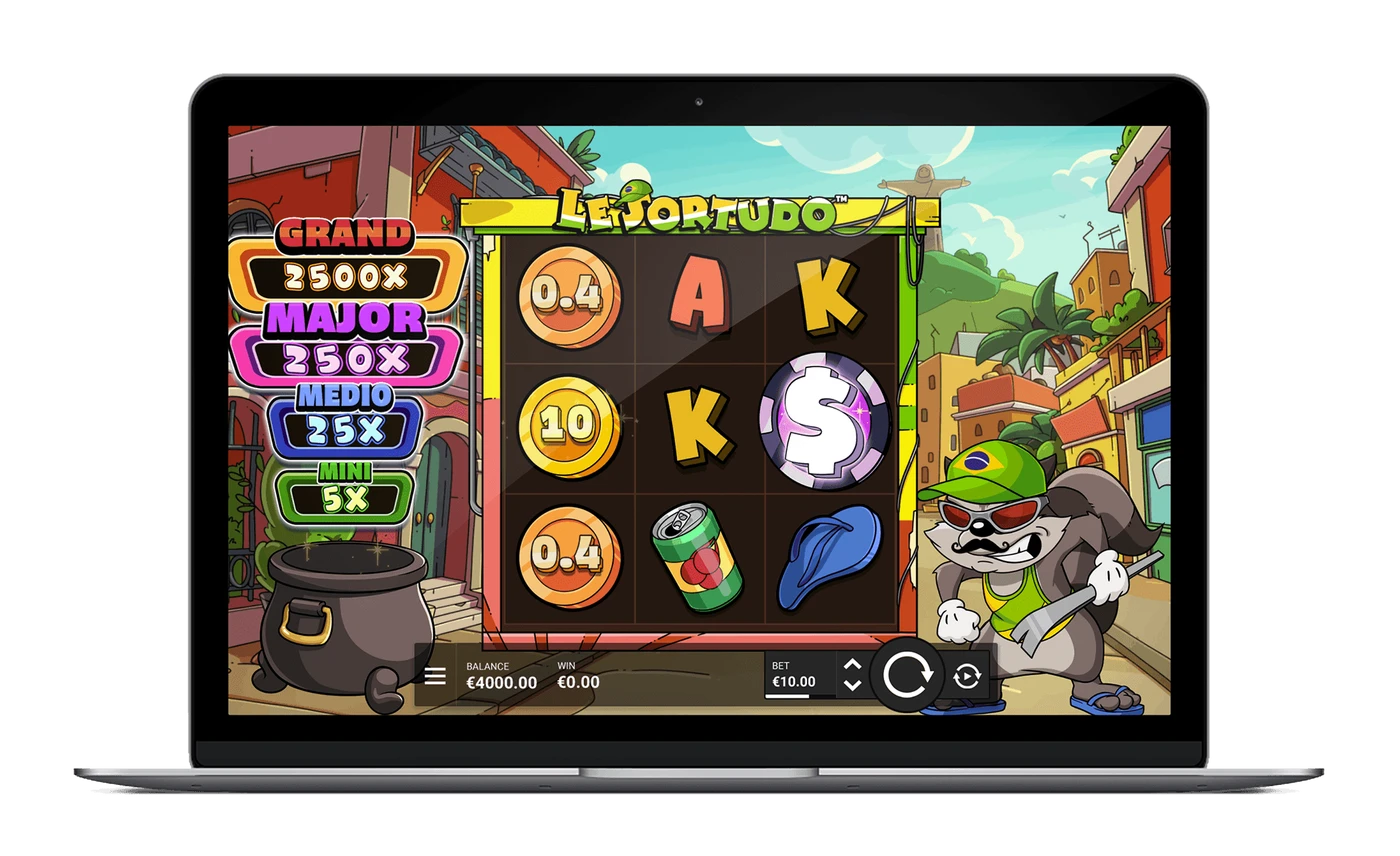 Le Sortudo 3×3 reels and four jackpot signs shown inside a laptop render