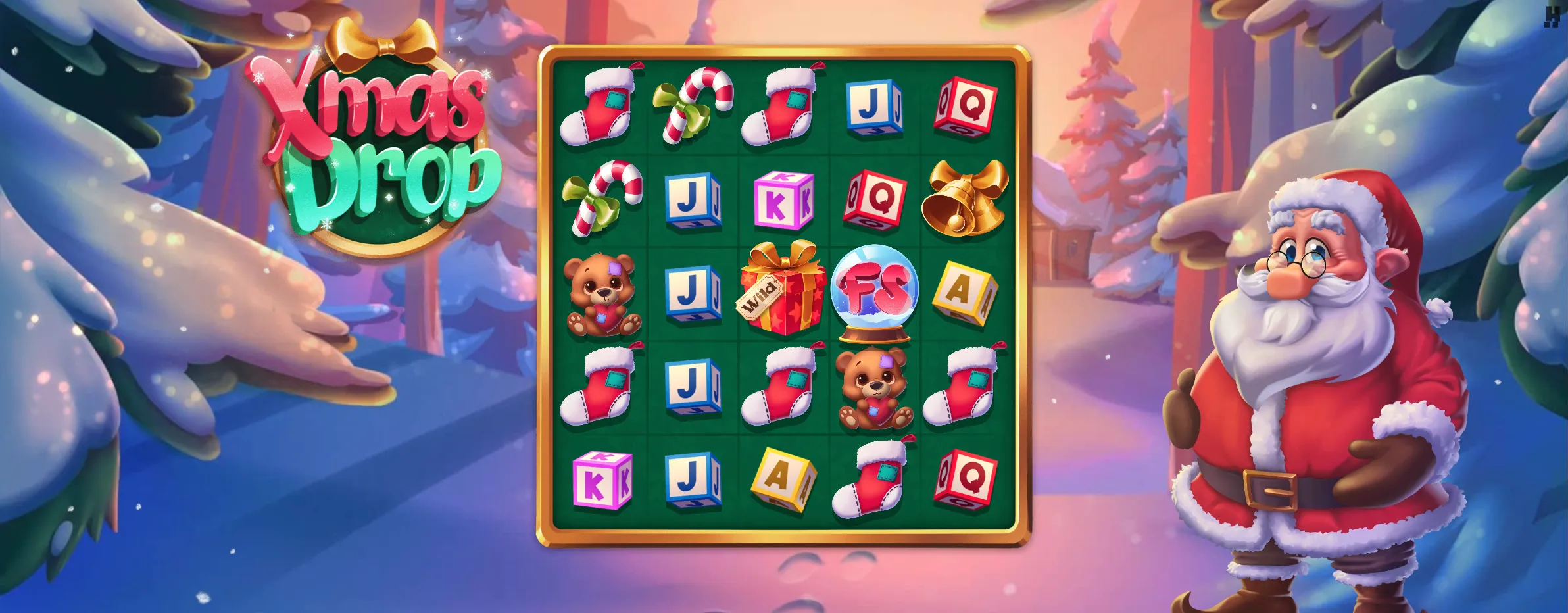 Wild Gift and FS scatter symbols beside regular Xmas Drop symbols