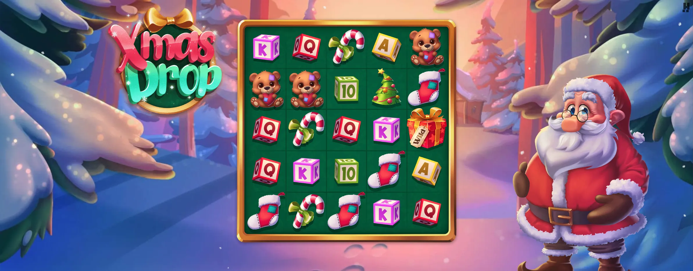 Wild Gift symbol among toy blocks and holiday symbols in Xmas Drop