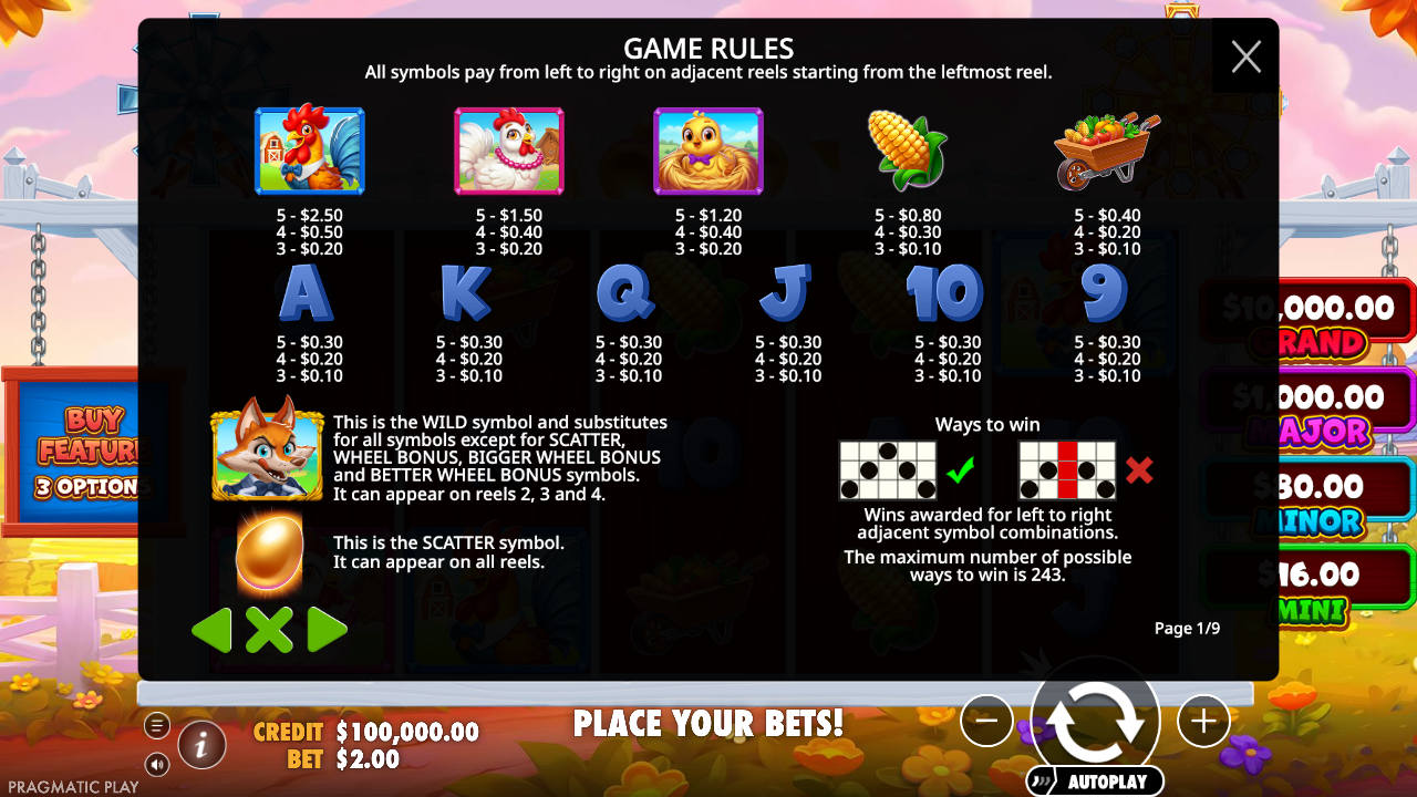 Better Barn House Bonanza official paytable and 243-ways diagram