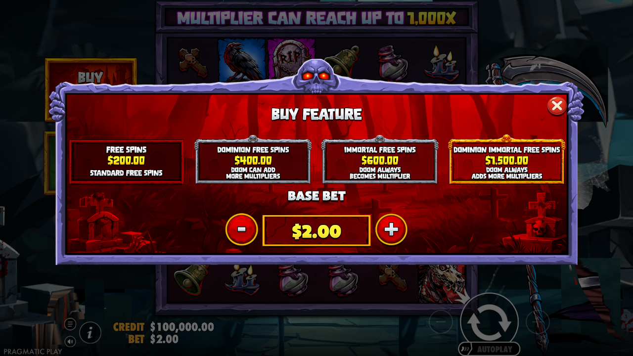 Death Dominion Buy Feature menu showing four free-spin variants