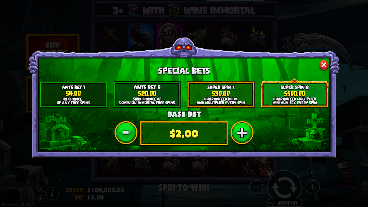 Death Dominion Special Bets menu with two Ante Bets and two Super Spins