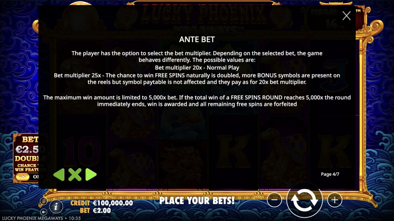 Lucky Phoenix Megaways Ante Bet and 5000 times cap rules