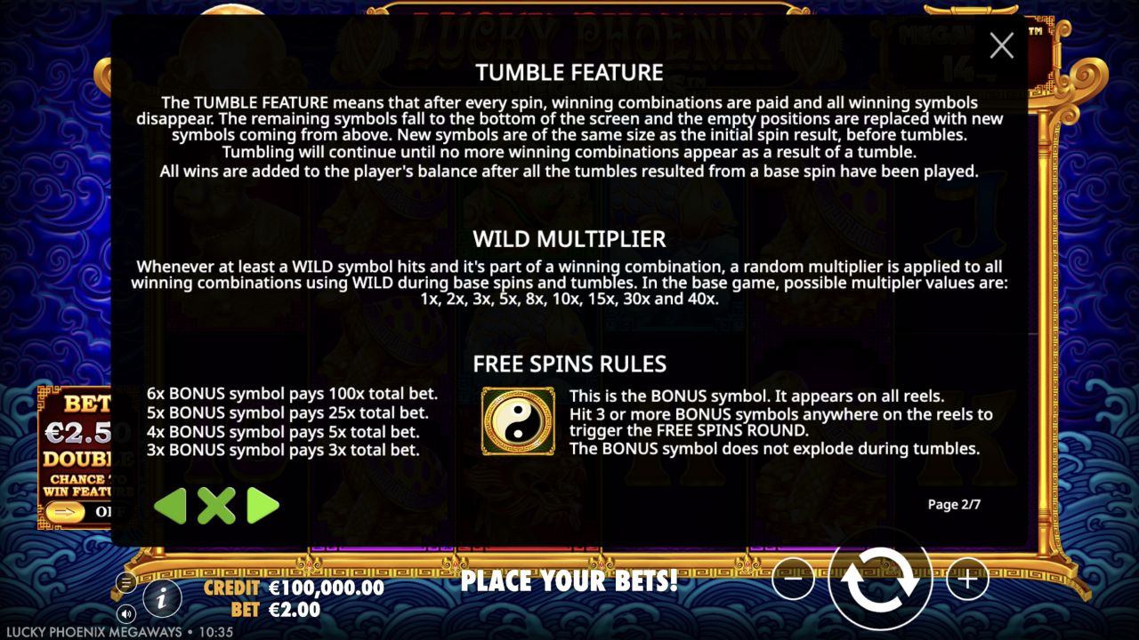 Lucky Phoenix Megaways tumble, Wild multiplier and Bonus-symbol rules