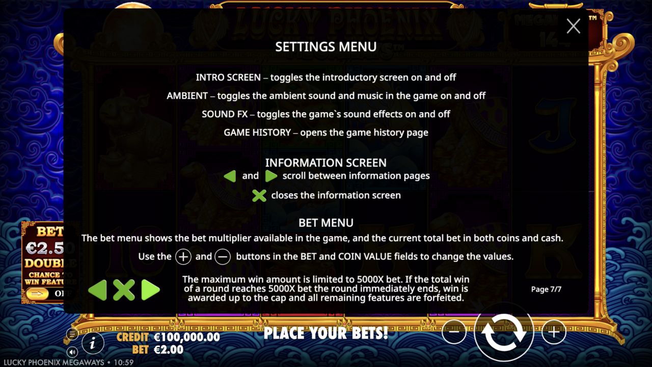 Lucky Phoenix Megaways UK version information screen and base-game controls
