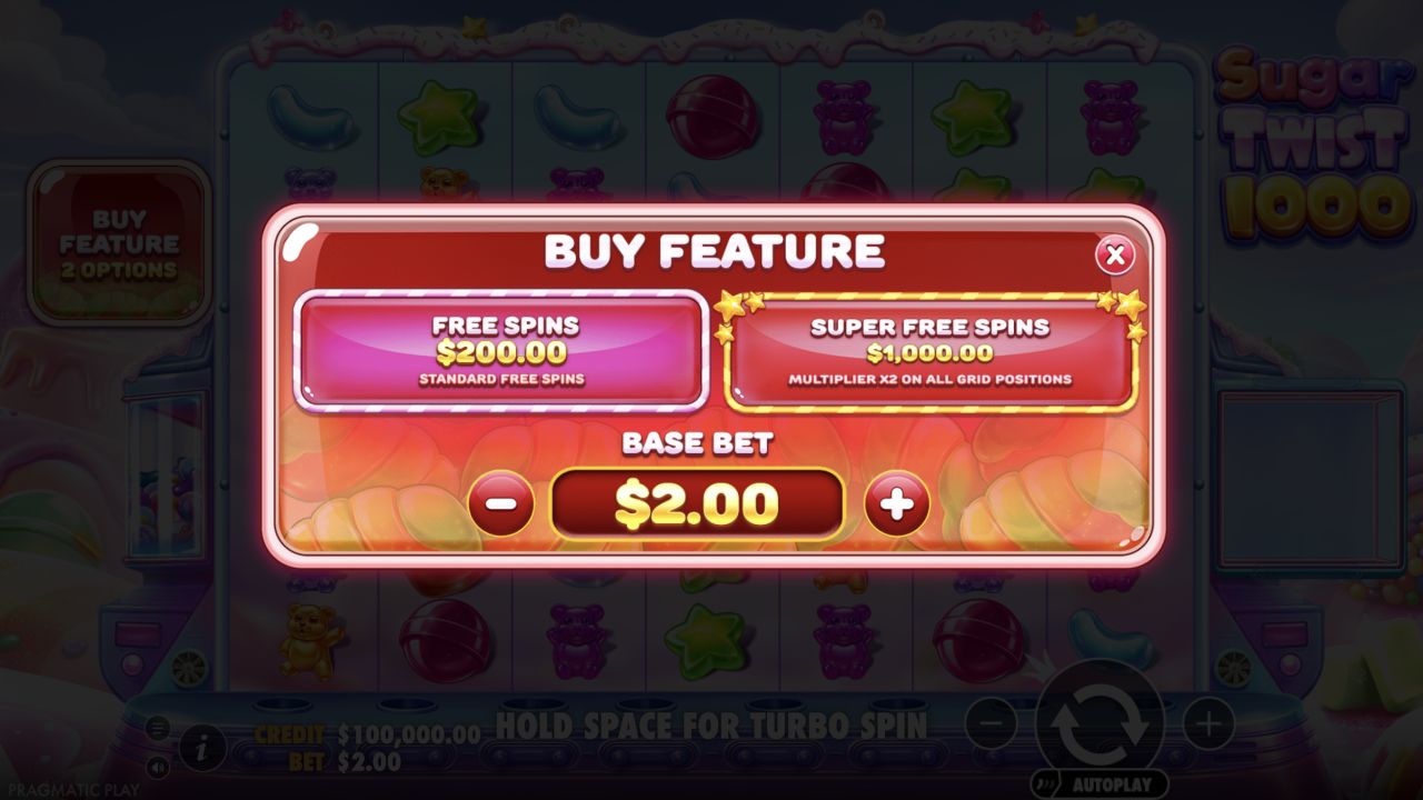 Sugar Twist 1000 Buy Feature menu with Free Spins and Super Free Spins