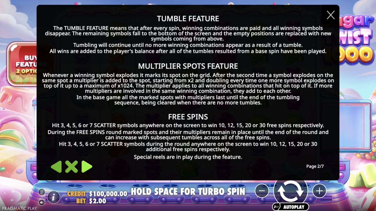 Sugar Twist 1000 tumble multiplier and Free Spins rules