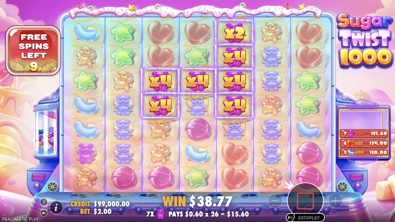 One Sugar Twist 1000 Super Free Spins demo result with multiplier cells