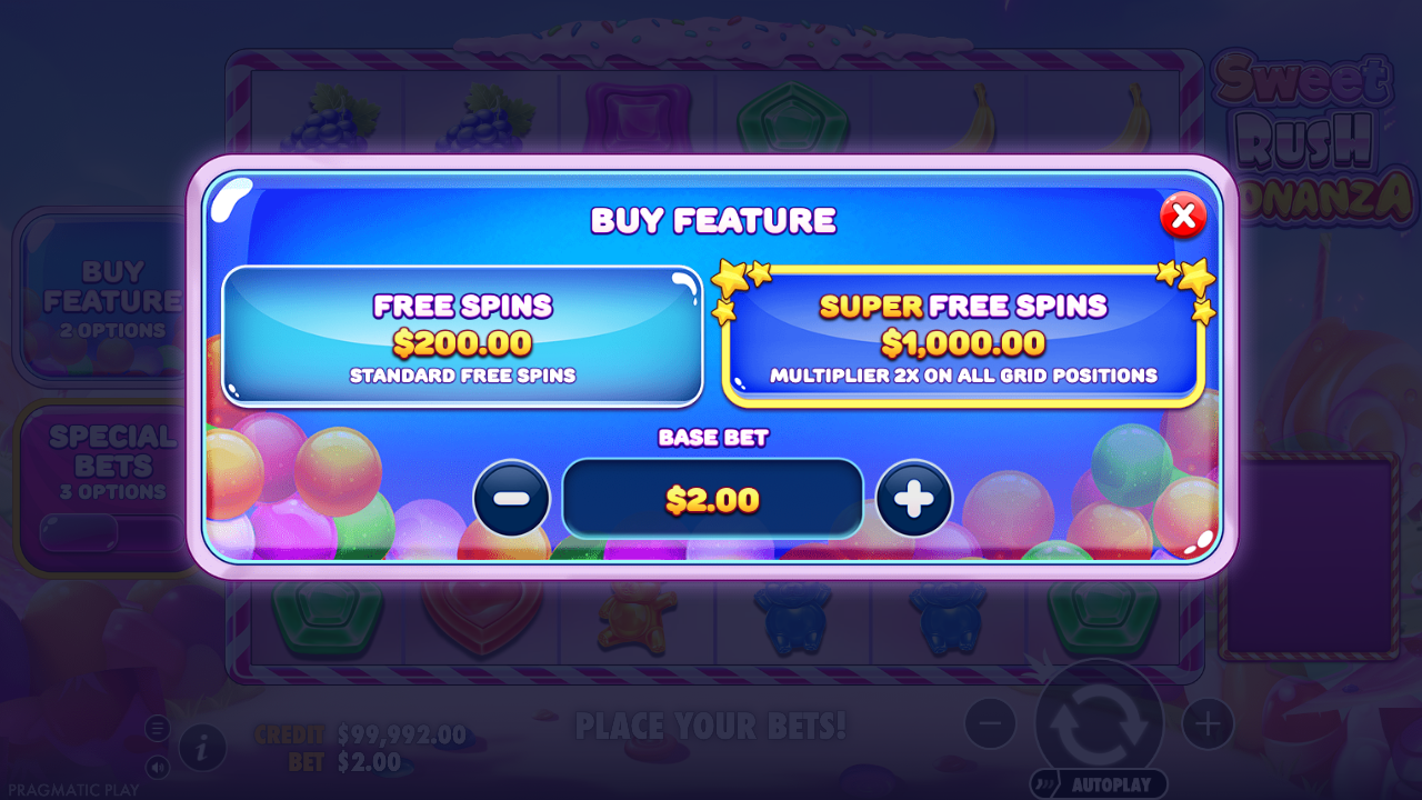 Sweet Rush Bonanza Buy Feature menu showing Free Spins and Super Free Spins