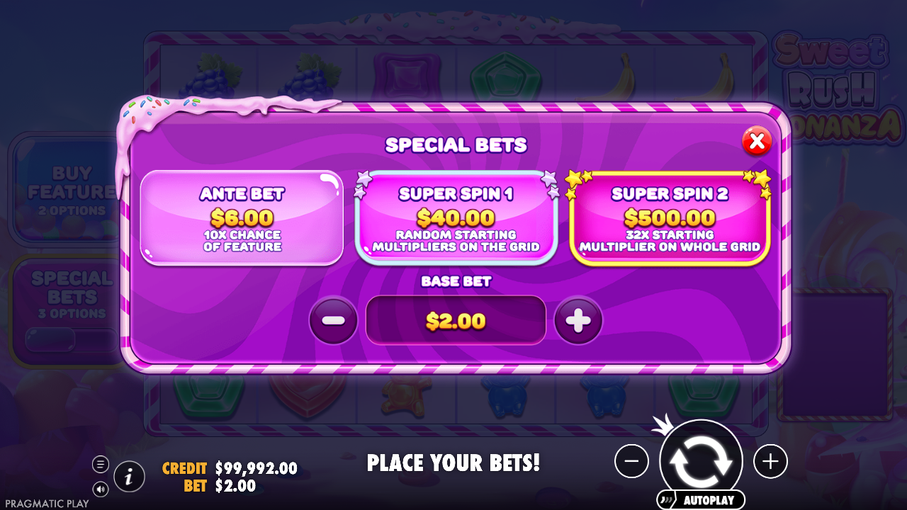 Sweet Rush Bonanza Special Bets menu with three options
