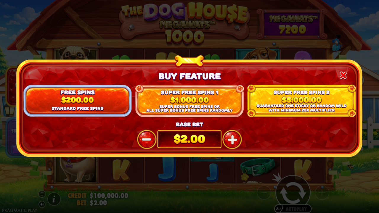 The Dog House Megaways 1000 Buy Feature menu with three purchase tiers
