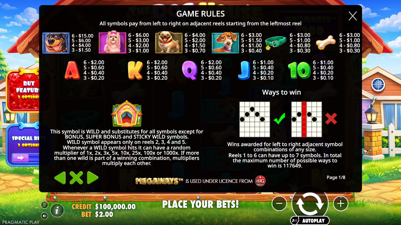 The Dog House Megaways 1000 paytable and Megaways rules