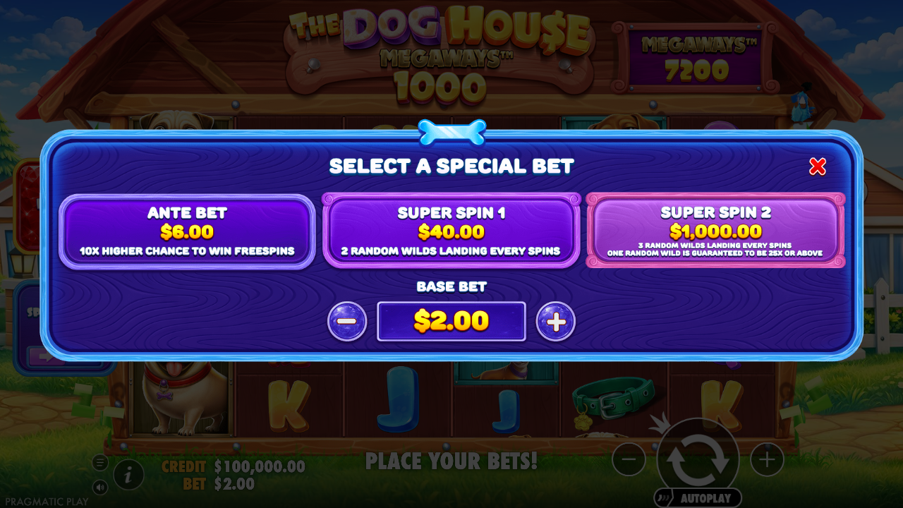 The Dog House Megaways 1000 Special Bets menu