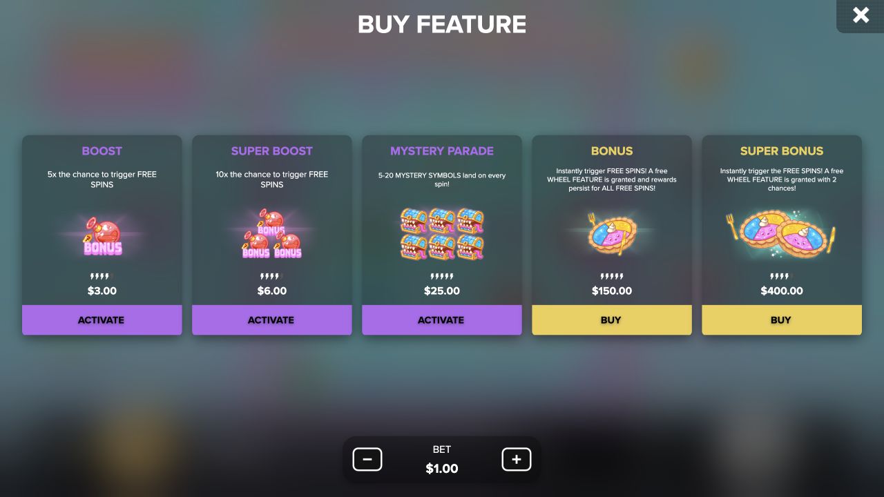 Candy Crunch Buy Feature menu with five paid modes